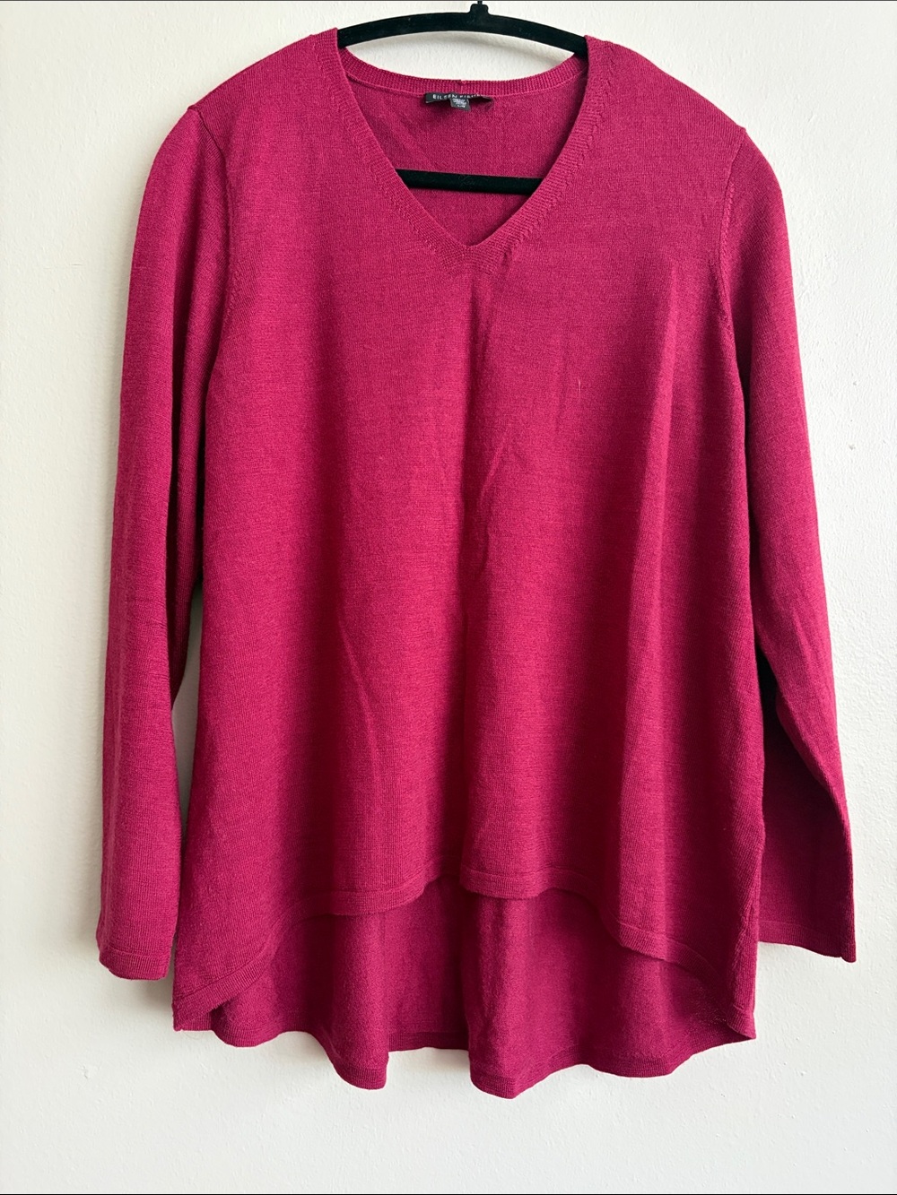 Eileen Fisher Merino Wool V-Neck High-Low Tunic Sweater Berry Purple L/G